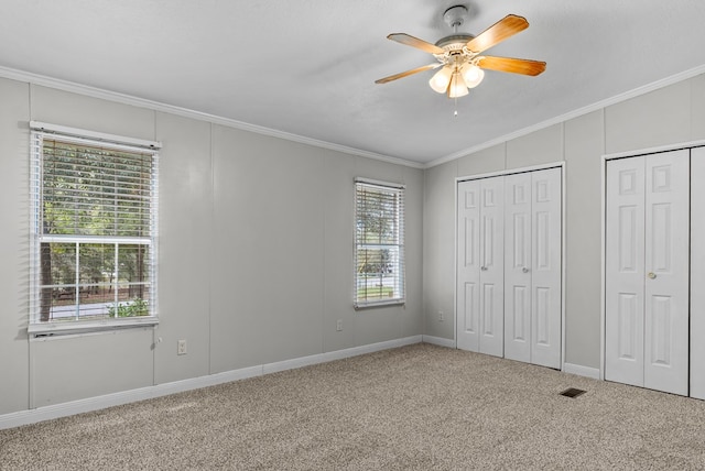 unfurnished bedroom featuring carpet flooring, multiple closets, ceiling fan, and crown molding