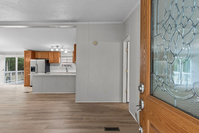 foyer featuring crown molding, sink, light hardwood / wood-style floors, and a textured ceiling