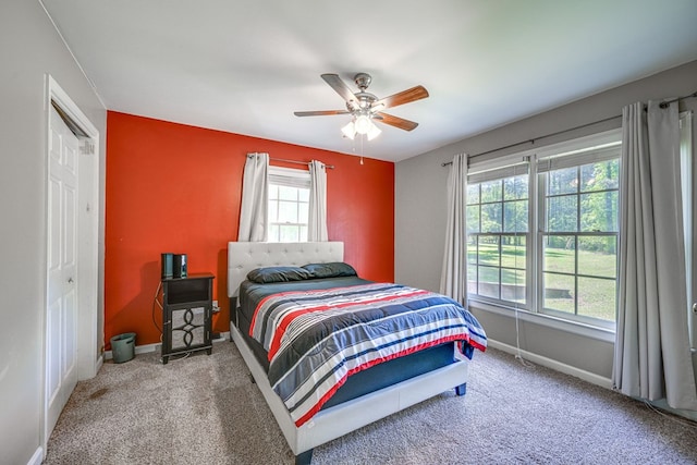 154 Old Plantation Trl, Milledgeville, GA 31061 - bedroom with baseboards, carpet, a closet, and ceiling fan