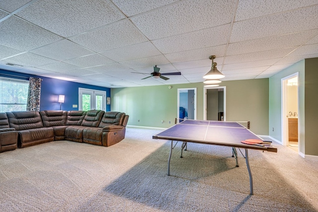 154 Old Plantation Trl, Milledgeville, GA 31061 - rec room with carpet flooring, a drop ceiling, baseboards, and ceiling fan