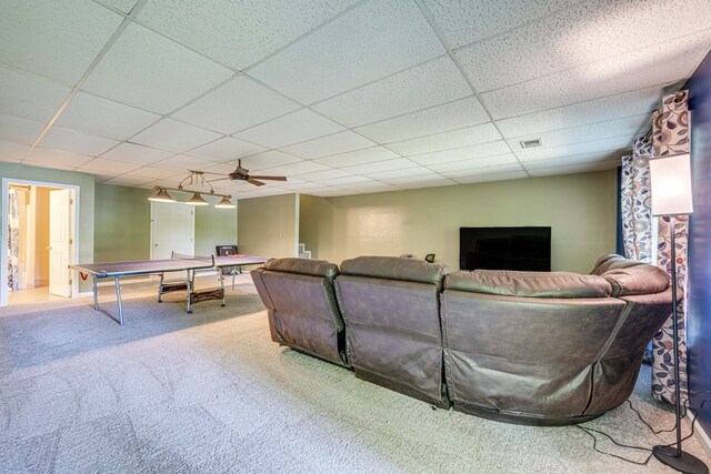 154 Old Plantation Trl, Milledgeville, GA 31061 - living area featuring a drop ceiling, carpet, and ceiling fan