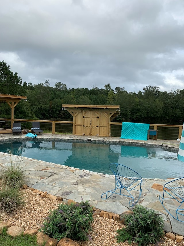 view of swimming pool featuring a storage unit and a patio area