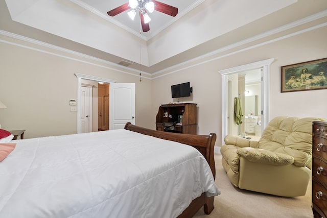 411 Rockville Rd, Eatonton, GA 31024 - bedroom with carpet floors, ornamental molding, connected bathroom, and ceiling fan