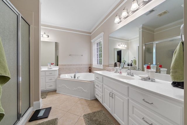 411 Rockville Rd, Eatonton, GA 31024 - full bath with a shower stall, tile patterned flooring, vanity, crown molding, and a garden tub