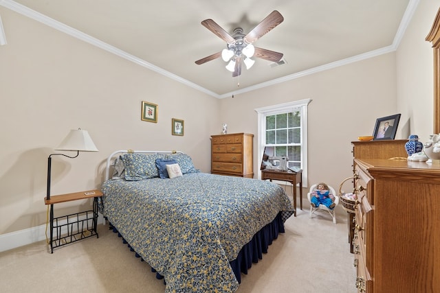 411 Rockville Rd, Eatonton, GA 31024 - bedroom with light carpet, ornamental molding, and a ceiling fan