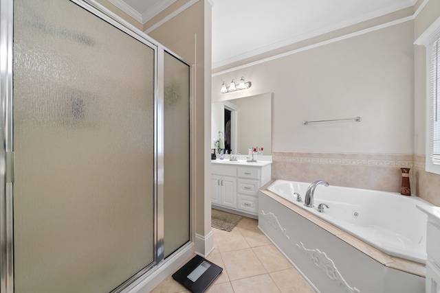 411 Rockville Rd, Eatonton, GA 31024 - full bath featuring crown molding, vanity, a stall shower, a whirlpool tub, and tile patterned flooring