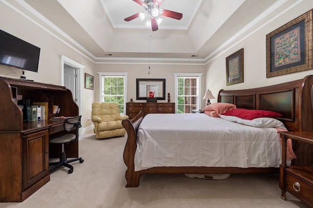 411 Rockville Rd, Eatonton, GA 31024 - bedroom featuring light carpet, a desk, a tray ceiling, crown molding, and ceiling fan