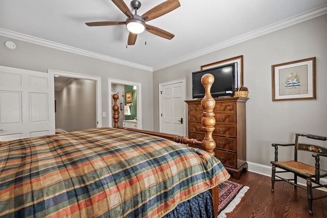 bedroom featuring ensuite bath, ceiling fan, dark wood-type flooring, and ornamental molding