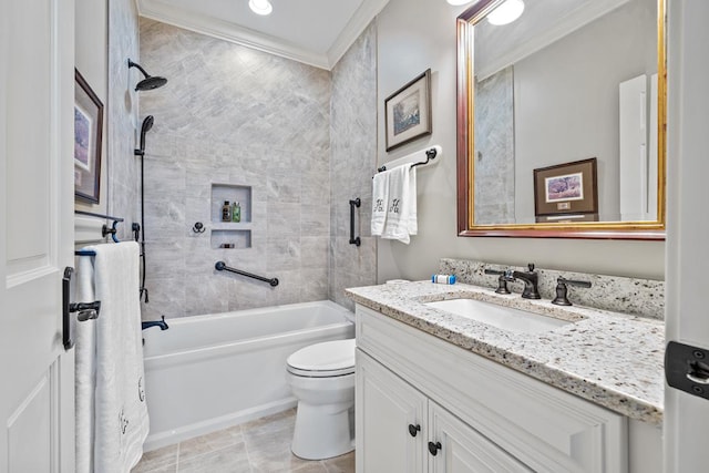 full bathroom featuring vanity, tile patterned flooring, tiled shower / bath combo, toilet, and ornamental molding