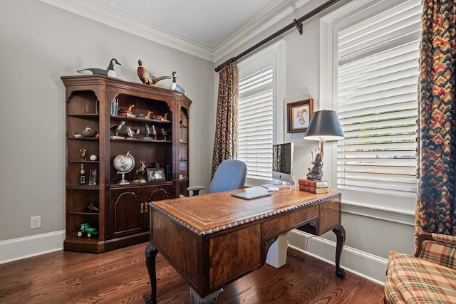 home office featuring dark hardwood / wood-style floors and ornamental molding