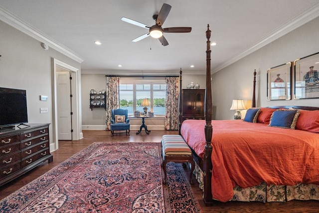 bedroom with dark wood-type flooring, ceiling fan, and ornamental molding