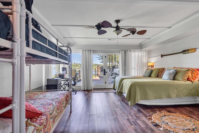 bedroom featuring ceiling fan, french doors, dark hardwood / wood-style flooring, crown molding, and access to outside