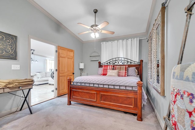 bedroom with light carpet, crown molding, ceiling fan, and lofted ceiling