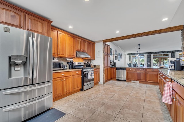 kitchen featuring backsplash, light tile patterned floors, appliances with stainless steel finishes, beam ceiling, and light stone counters