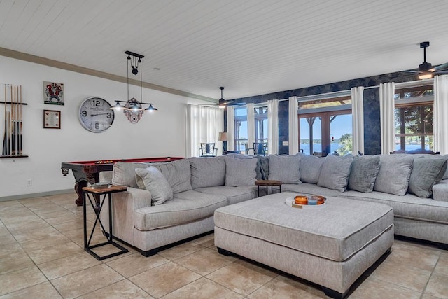 tiled living room featuring french doors, ceiling fan, crown molding, and billiards