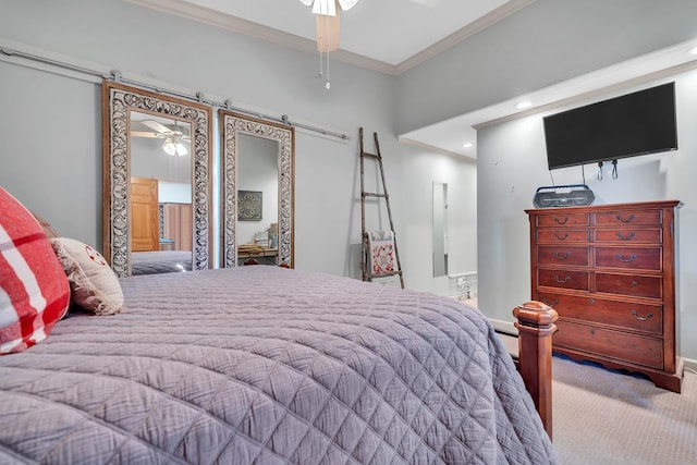 carpeted bedroom with a baseboard heating unit, ceiling fan, and crown molding