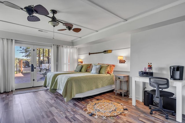 bedroom featuring access to outside, ceiling fan, french doors, and hardwood / wood-style flooring