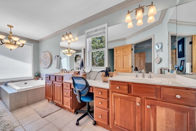 bathroom featuring tile patterned floors, vanity, tiled bath, and an inviting chandelier