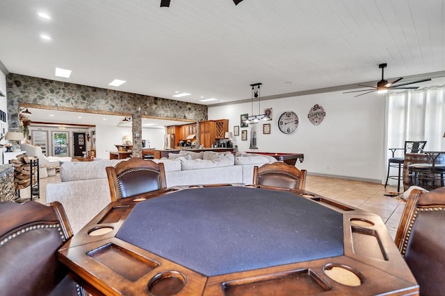 dining space featuring ceiling fan, light tile patterned floors, billiards, and wooden ceiling