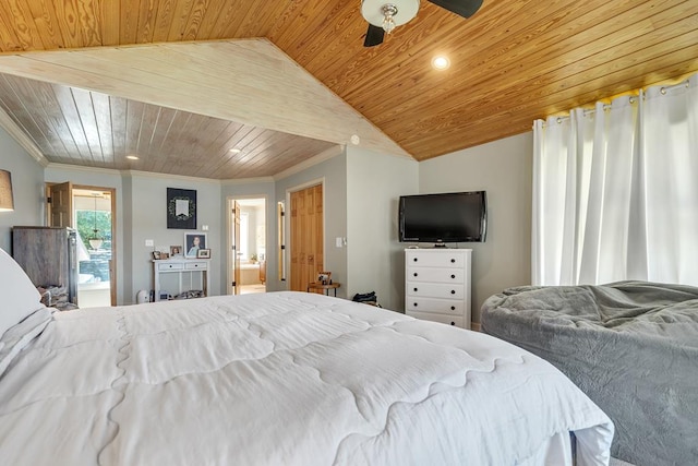 bedroom with wood ceiling, lofted ceiling, and ornamental molding