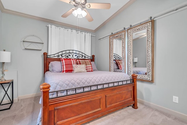 bedroom with ceiling fan, crown molding, and light carpet