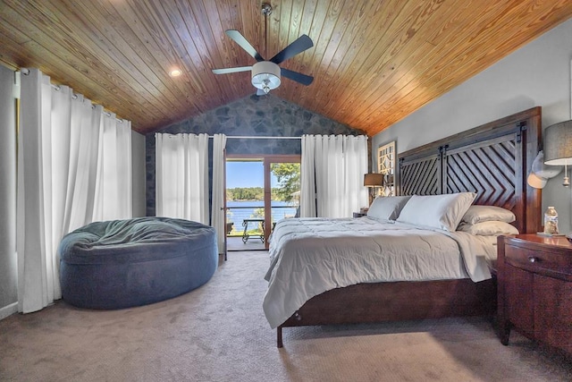 carpeted bedroom with ceiling fan, wooden ceiling, lofted ceiling, access to outside, and a water view