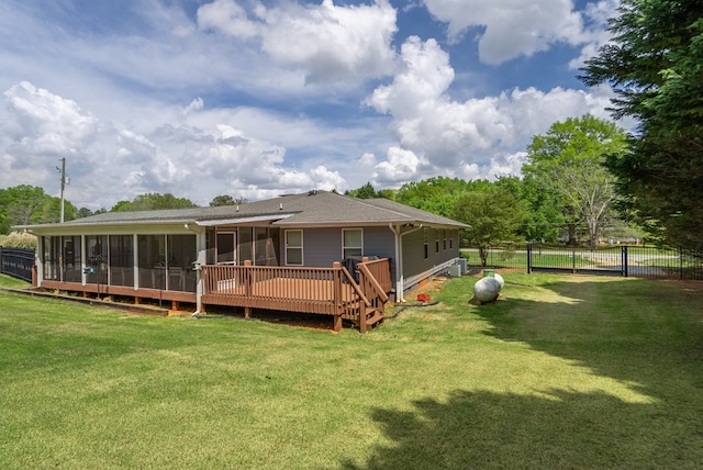 220 Pitts Chapel Rd, Newborn, GA 30056 - rear view of property with a lawn, a sunroom, fence, and a shingled roof