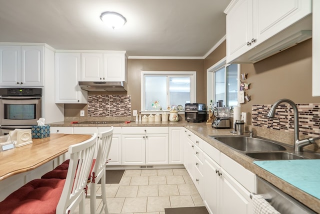 220 Pitts Chapel Rd, Newborn, GA 30056 - kitchen featuring a sink, tasteful backsplash, crown molding, under cabinet range hood, and appliances with stainless steel finishes