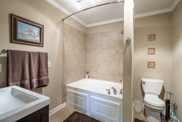 220 Pitts Chapel Rd, Newborn, GA 30056 - bathroom with tile patterned floors, a textured ceiling, toilet, shower / bath combination, and crown molding