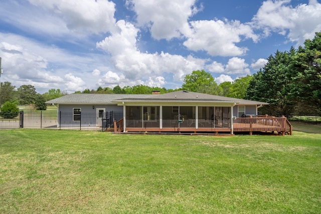 220 Pitts Chapel Rd, Newborn, GA 30056 - rear view of house with a lawn, a chimney, fence, a wooden deck, and a sunroom