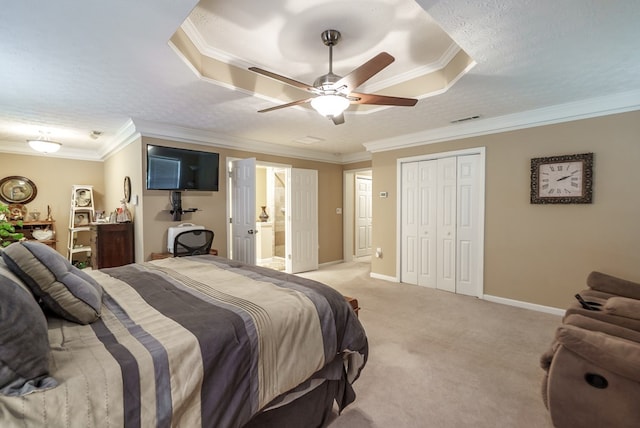220 Pitts Chapel Rd, Newborn, GA 30056 - bedroom featuring a textured ceiling, visible vents, crown molding, and light colored carpet