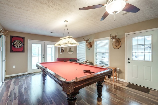 220 Pitts Chapel Rd, Newborn, GA 30056 - rec room featuring french doors, a textured ceiling, baseboards, wood finished floors, and billiards
