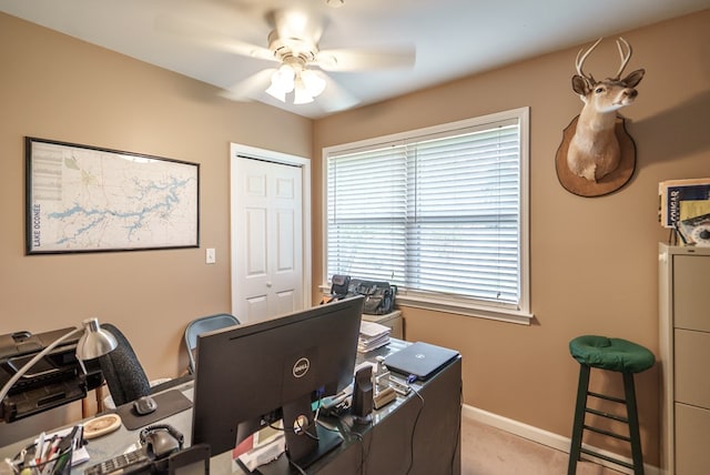 220 Pitts Chapel Rd, Newborn, GA 30056 - home office featuring light carpet, baseboards, and ceiling fan
