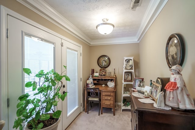 220 Pitts Chapel Rd, Newborn, GA 30056 - home office featuring light carpet, crown molding, french doors, and visible vents