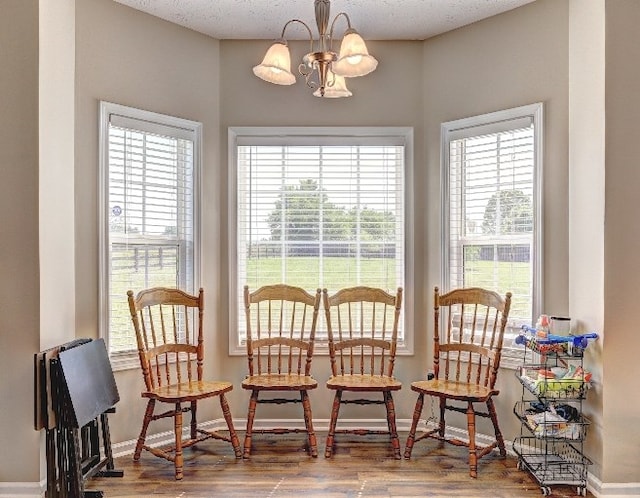 dining area featuring baseboards, plenty of natural light, wood finished floors, and a notable chandelier