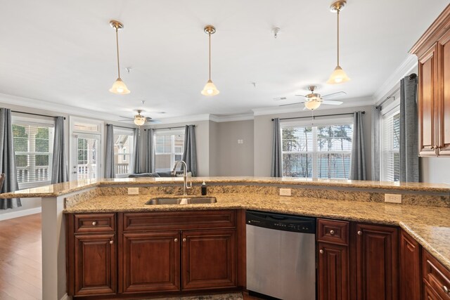 222 Sheffield Dr Unit E-5, Sparta, GA 31087 - kitchen with ceiling fan, light stone countertops, dishwasher, a sink, and hanging light fixtures