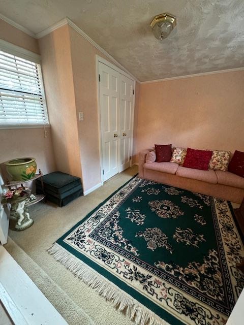 carpeted living room with vaulted ceiling, a textured ceiling, and ornamental molding