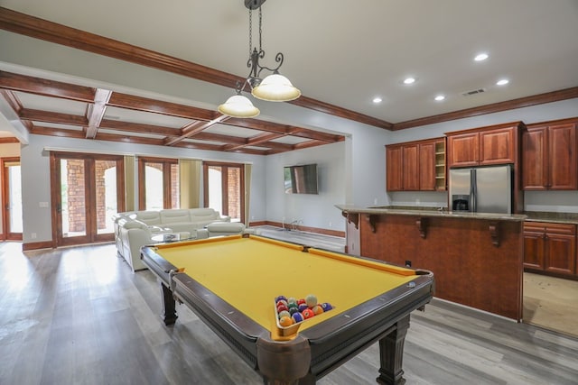 playroom with wood-type flooring, beam ceiling, ornamental molding, and billiards