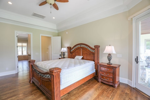 bedroom featuring access to exterior, ceiling fan, dark hardwood / wood-style flooring, and crown molding