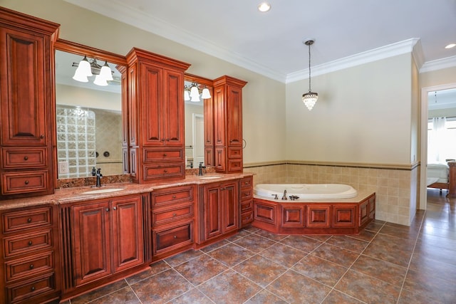 bathroom featuring a tub to relax in, vanity, crown molding, tile walls, and tile patterned flooring