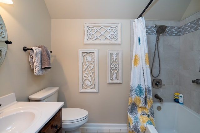 full bathroom featuring shower / bath combination with curtain, vanity, toilet, and tile patterned flooring