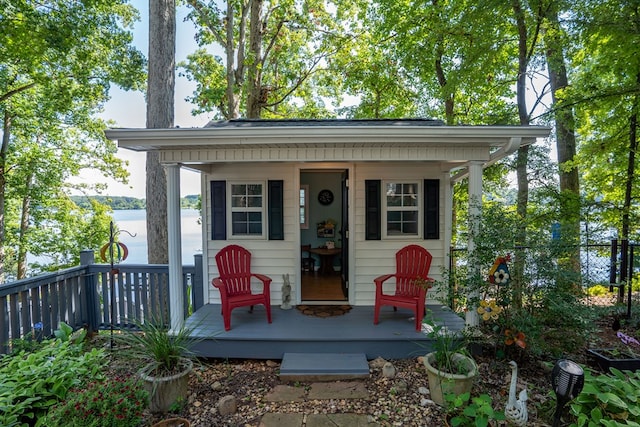 exterior space with a water view