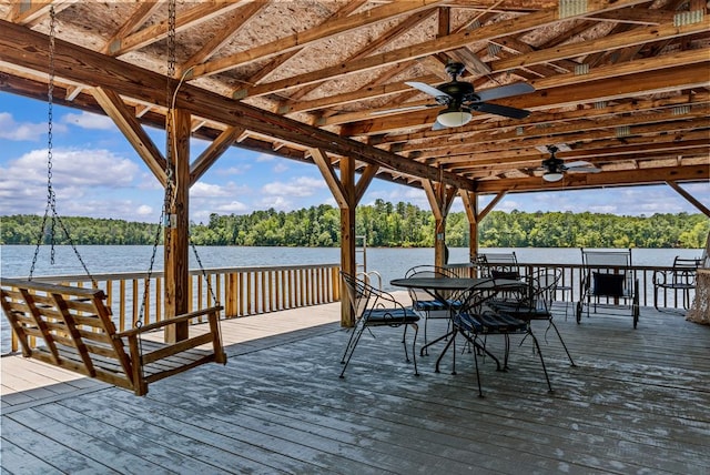 126A N Little River Run, Eatonton, GA 31024 - deck featuring a ceiling fan, outdoor dining space, and a water view