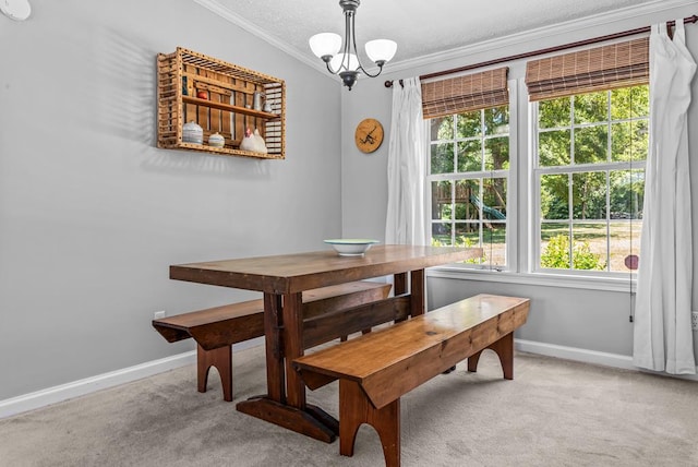 126A N Little River Run, Eatonton, GA 31024 - dining area with light colored carpet, ornamental molding, a chandelier, and a textured ceiling