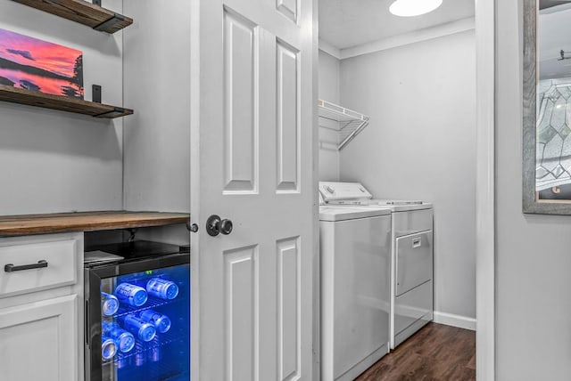 126A N Little River Run, Eatonton, GA 31024 - laundry room featuring wine cooler, washer and dryer, and dark wood-type flooring