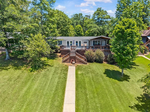 126A N Little River Run, Eatonton, GA 31024 - view of front of home featuring stairway, a deck, a front lawn, and french doors