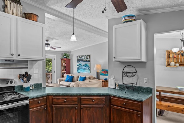 126A N Little River Run, Eatonton, GA 31024 - kitchen with a ceiling fan, a textured ceiling, electric stove, tasteful backsplash, and ornamental molding