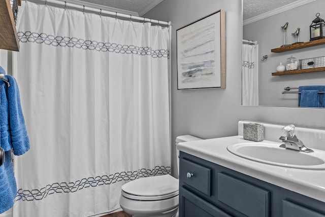126A N Little River Run, Eatonton, GA 31024 - full bath featuring a textured ceiling, vanity, ornamental molding, and a shower with shower curtain