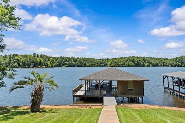 126A N Little River Run, Eatonton, GA 31024 - dock featuring a wooded view, a water view, and boat lift