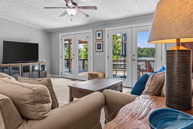 126A N Little River Run, Eatonton, GA 31024 - living room featuring french doors, ornamental molding, healthy amount of natural light, and a textured ceiling